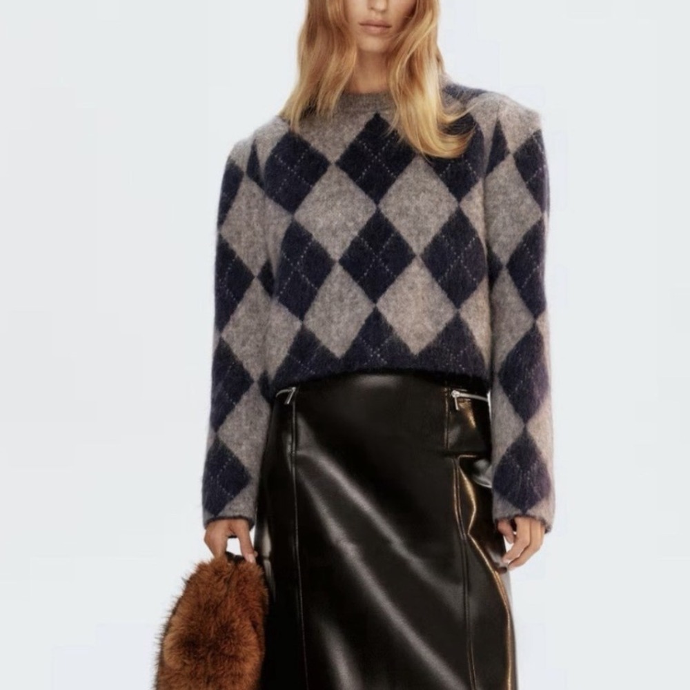 H&M Edition Argyle Mohair Blend Sweater Dark Blue Grey Cropped Knit S 310338001